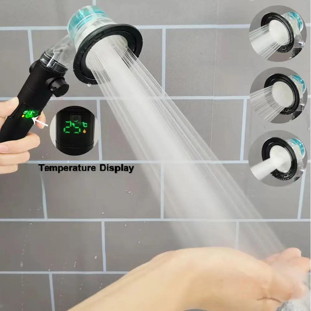 

Temperature Display Turbo Propeller Shower Head 3 Modes High Pressure Fan Spray Nozzle Big Boost Filter Handheld Bathroom Shower