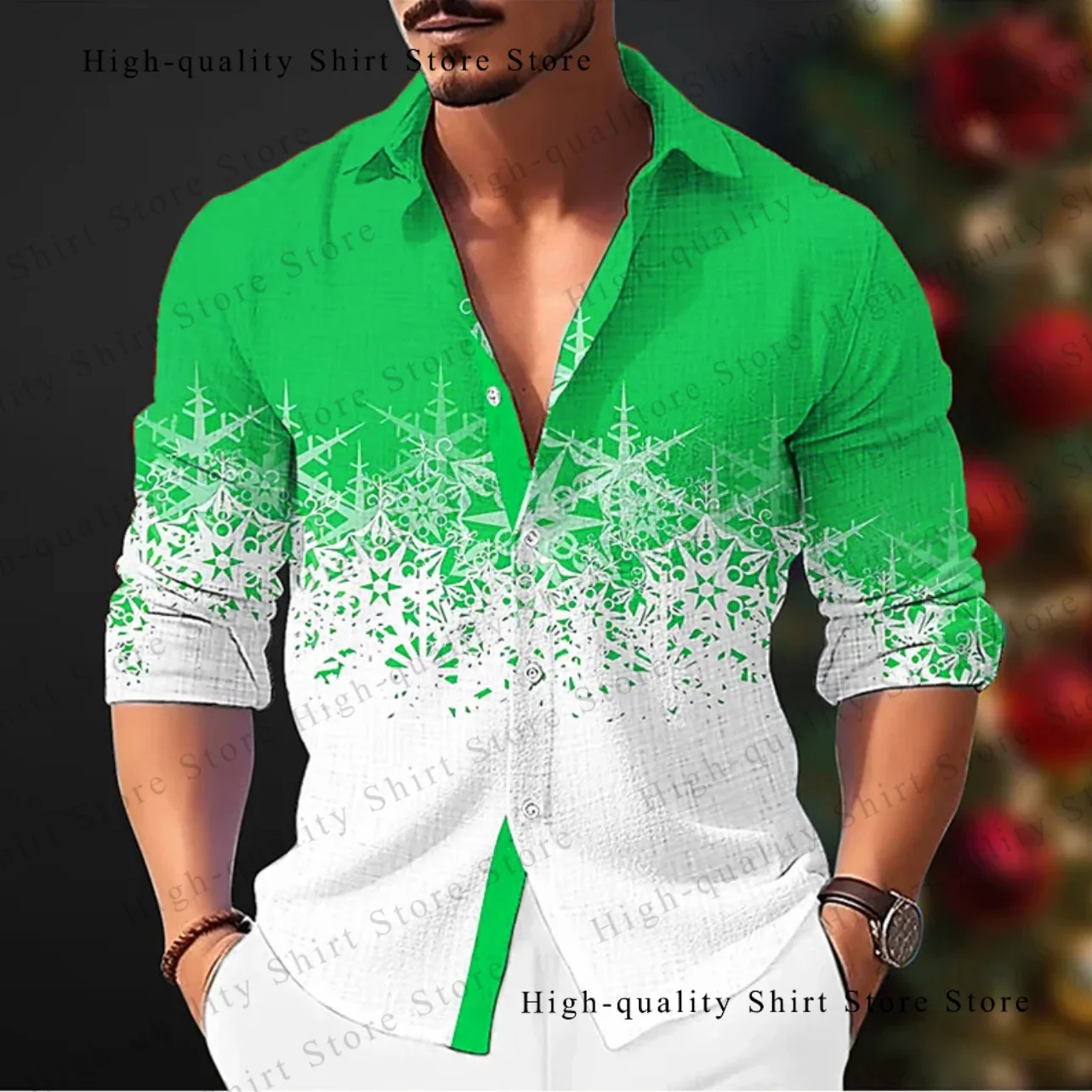 Snowflake HD pattern men's shirts fashionable breathable long-sleeved shirts various styles design Christmas shirts