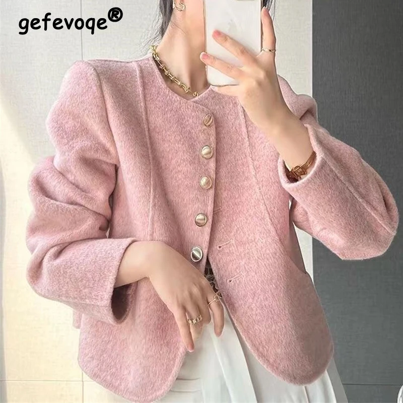 

Autumn Winter Women's Korean Vintage Chic Luxury Design Button Woolen Jacket Female Elegant Sweet Solid O Neck Long Sleeve Coats