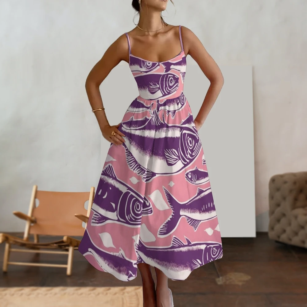 

Pink Sardine Print Suspender Skirt Casual High Waist Tight A-Shaped Skirt Sleeveless High Quality Y2k Style Beach Dress