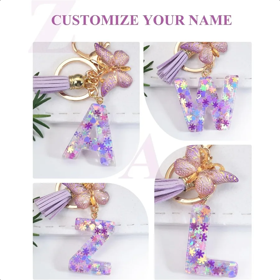 سلاسل المفاتيح ذات الحروف الأولية للنساء سلسلة المفاتيح الأرجوانية اللطيفة مع فراشة شرابة