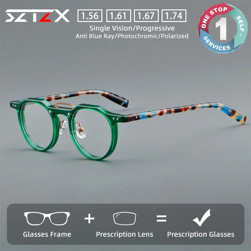 SZTZX Vintage Fashion Casual Style Prescription Glasses Anti Blue Light Acetate Round Myopia Eyewear Progressive Reading Glasses