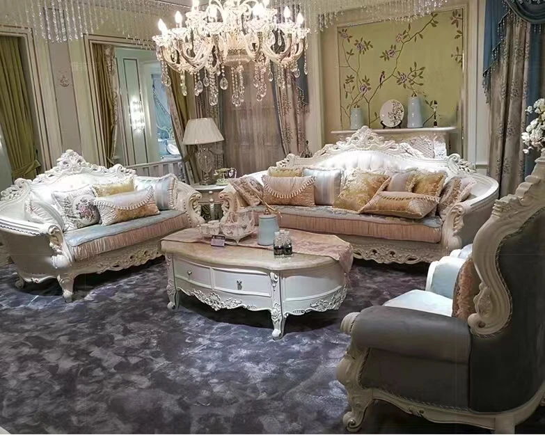 

European living room leather sofa cover classical design antique furniture high-grade royal birch furniture