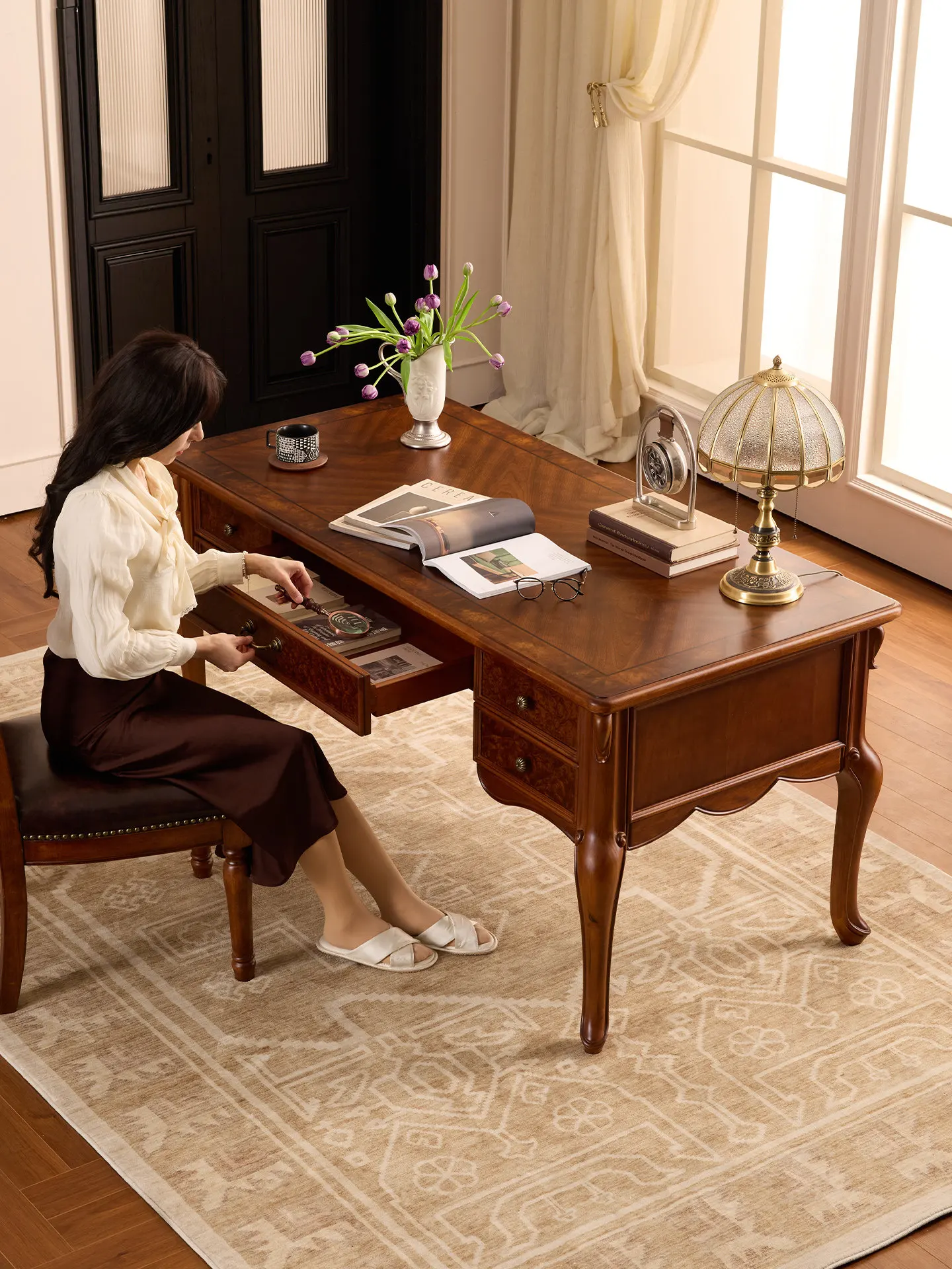 YFY French retro solid wood desk American study makeup table dual-purpose writing desk desk