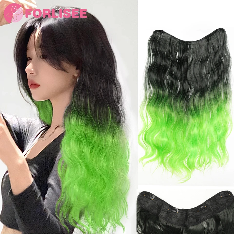 FORLISEE-Peluca de pelo largo y rizado para mujer, pelo sintético degradado verde fluorescente, aumento de volumen, patrón de onda de agua esponjosa, piezas