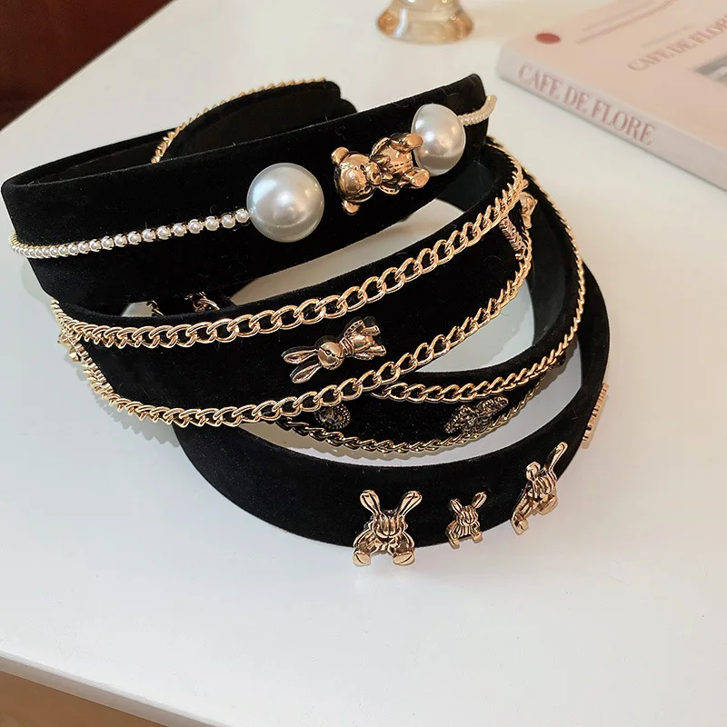 New Bohemian Retro Bear Rabbit Rhinestone Pearl Hair Band Retro Metal Chain Headband Fashion Hair Accessories Female