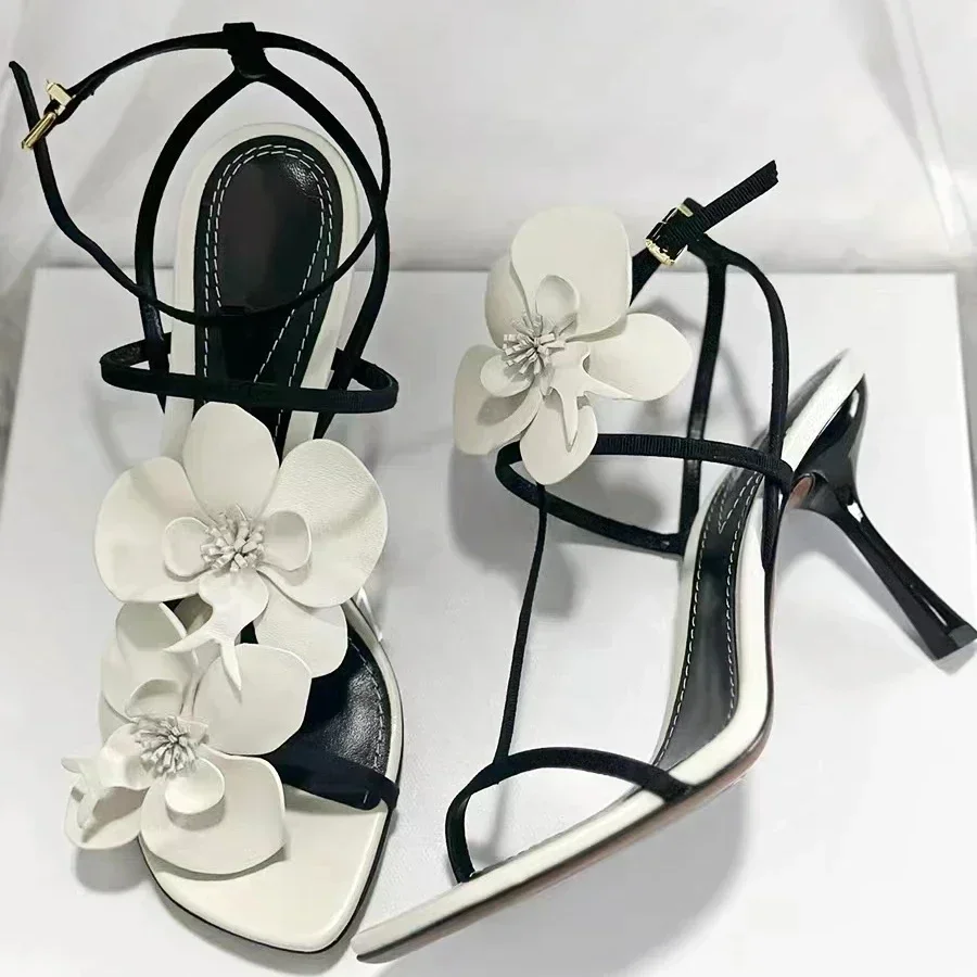 Luxury Designer Flower Heeled Sandals Women Summer Ankle Wrap Metal Buckles Thin High Heels Elegant Women Pumps Zapatos De Mujer - view 3