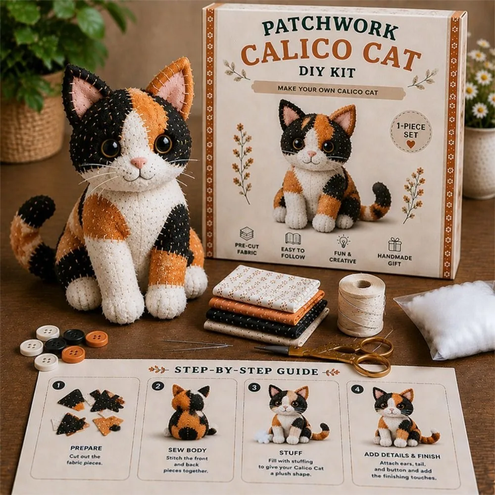 Handmade Patchwork Cat Kit Step by Step Guide Stuffing Included DIY Sewing Kit Pre Cut Fabric Buttons Included Cat Sewing Kit
