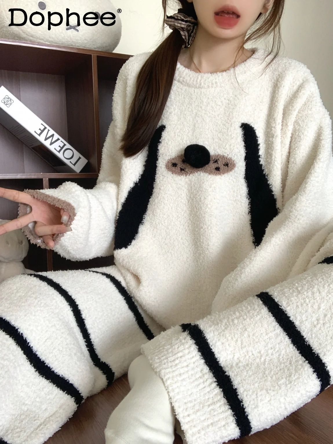 

Зима 2021, новинка, японский стиль, полосатая пижама с рисунком щенка, утепленный флисовый комплект, милая милая домашняя одежда для девочек