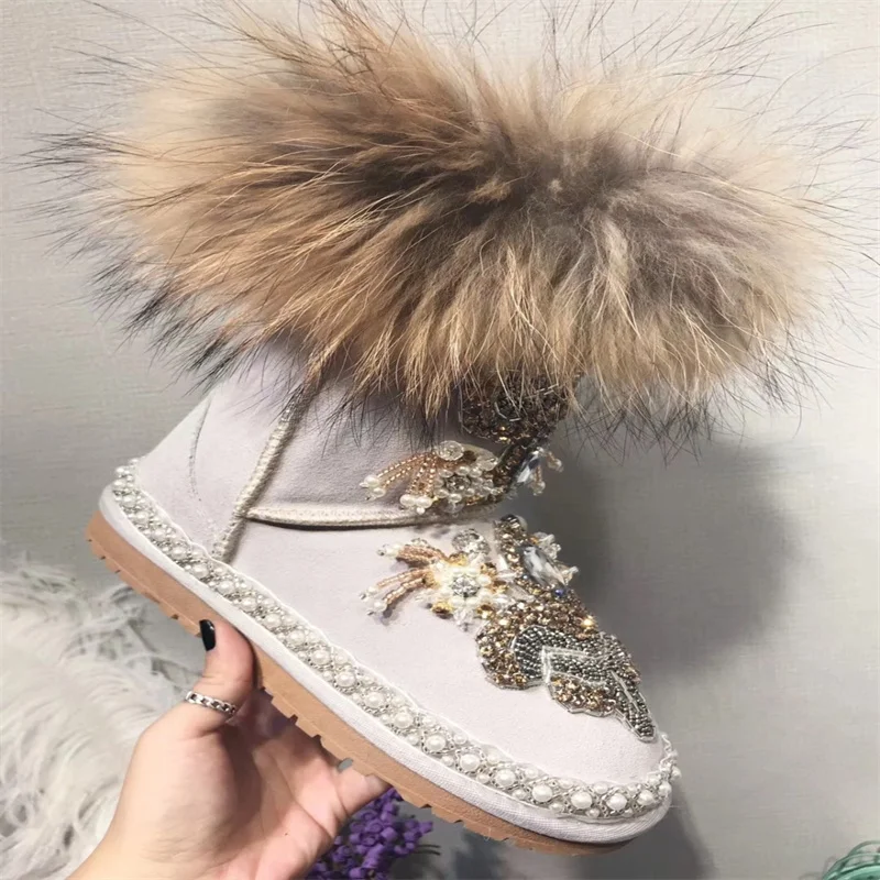 Beaded rhinestones handmade custom fur one-piece boots Pearl Vintage Winter plus fleece warm boots women\'s plus size 35-44