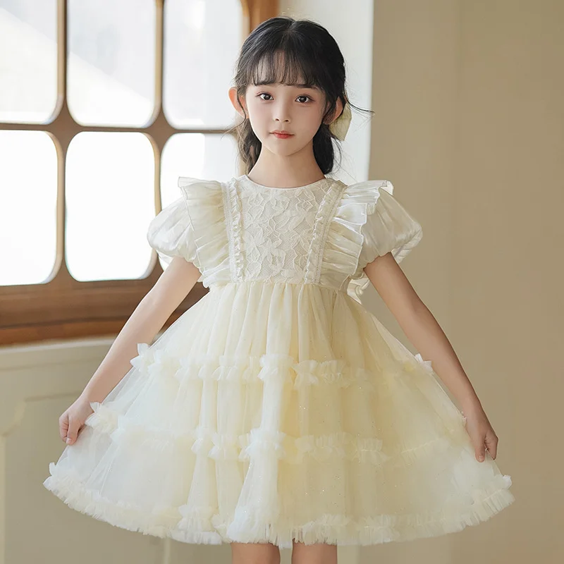 

2026 New 3-8Years Girls Tulle Dress Summer Kids Puff Sleeves Mesh Gown Princess Lase Birthday Vestidos Children's Sweet Dressess