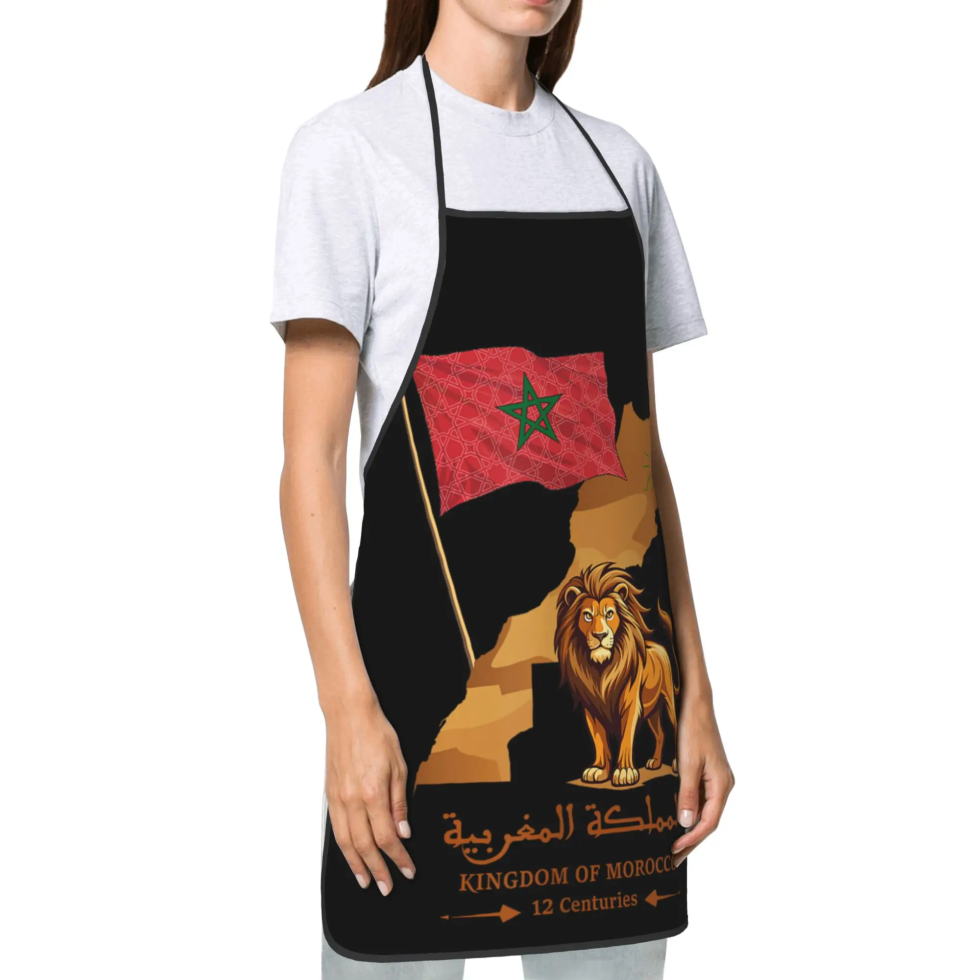 Morocco Proud Moroccan Heritage Bib Aprons Oil-Proof Polyester Lion Flag Kingdom Cook Pinafore Male Female Adult Breathable Camp