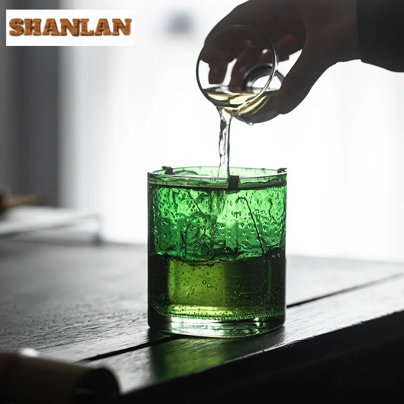 360ml Hand Blow Green Bubble Glass With Lid Jianshui Washing Cup Bowl Tea Residue Barrel Water Washing Slag Tank Chaxi Supplies