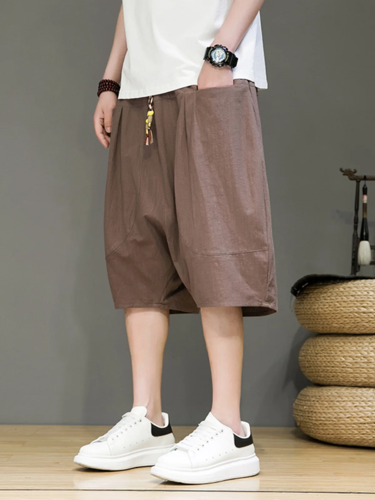 Summer and Autumn Loose Chinese Style Linen Low-End Loose Pants Casual Cotton Linen Wide Leg Haren Shorts for Men