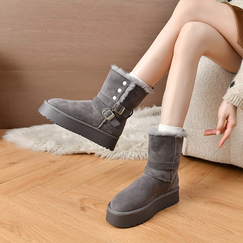 المرأة الدافئة منتصف العجل الأحذية نمط جديد عكسها الشتاء المخملية اليومية سميكة سوليد زيادة كم الأحذية بسيطة الثلوج الأحذية #4
