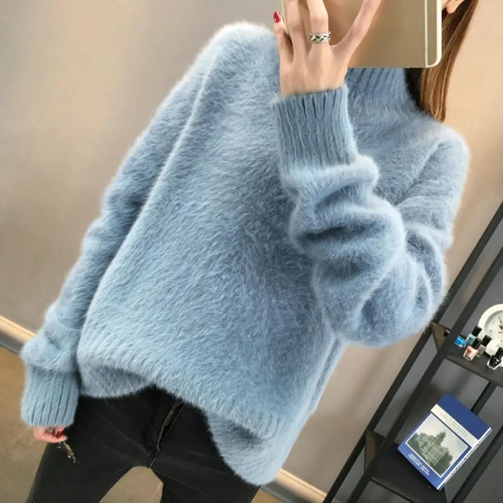 

Long-sleeve Knit Sweater Cozy Women's Knitwear Collection Half High Collar Sweater Ribbed Trim Knit Top Elastic for Winter