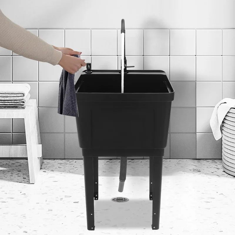 

Freestanding Laundry Tub Utility Wash Sink w/ Faucet & Soap Dispenser for Bathroom Black