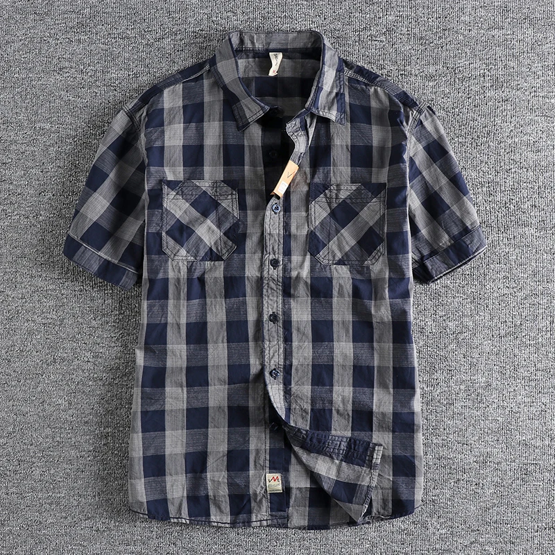 Classic yarn-dyed plaid short-sleeved men\'s shirt summer daily trend all-match washed cotton shirt half sleeve