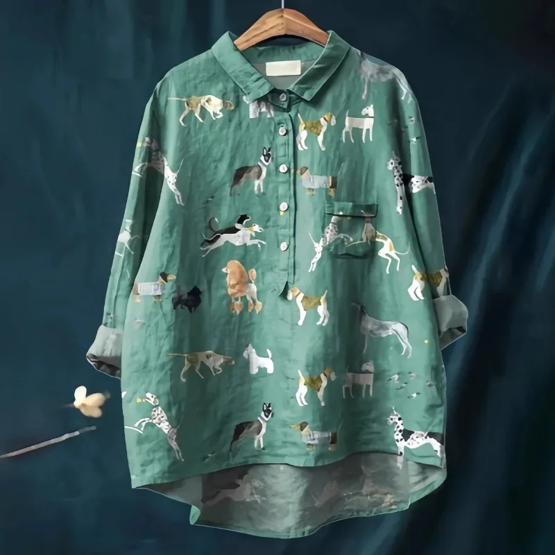 

Women Retro Linen Cotton Dog Print Shirt Loose Long Sleeve Casual Half Placket Blouse