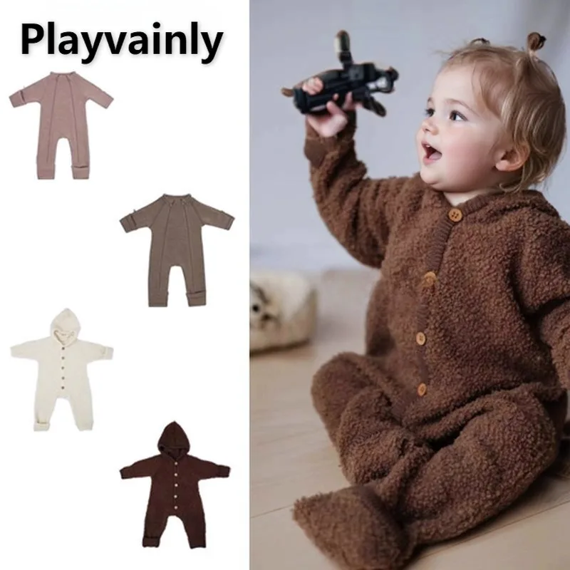 

Infant and Toddler Autumn Winter Jumpsuit Apricot Brown Plush Long Sleeve Hooded Rompers Soft Warm One-Pieces Baby Clothes A5320