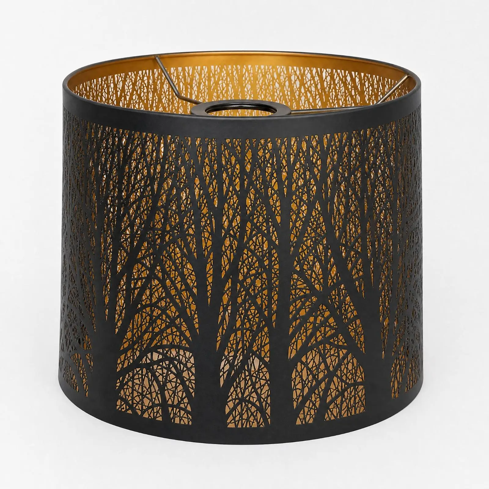 Tapered Metal Lamp Shade with Woodland Cutout Decorative Black Exterior Gold Interior Lampshade Sturdy Openwork Tree Pattern