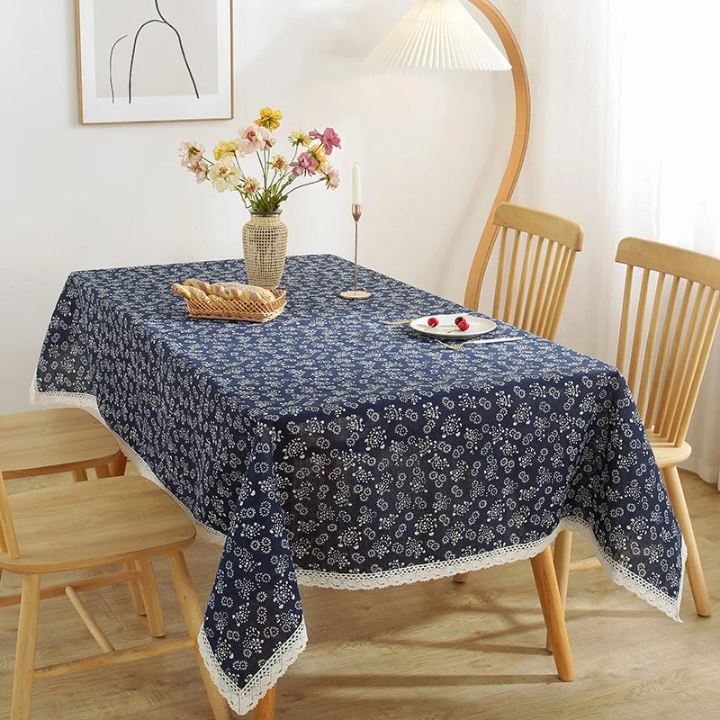 

Cotton Linen Blue Printed Lace Dining Tablecloth Household Dining Table Cloth Living Room Tea Table Tablecloth Tea Tablecloth