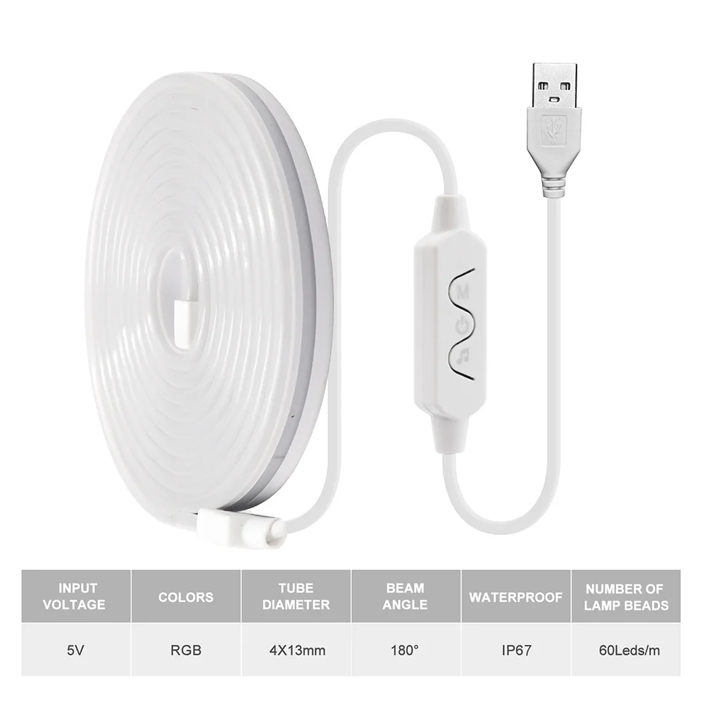 5V RGB LED Neon Strip 3Key Music Controller Kit USB Power Light 4x13mm 3535 60 LEDs/m Waterproof Flexible Lamp Home Decoration