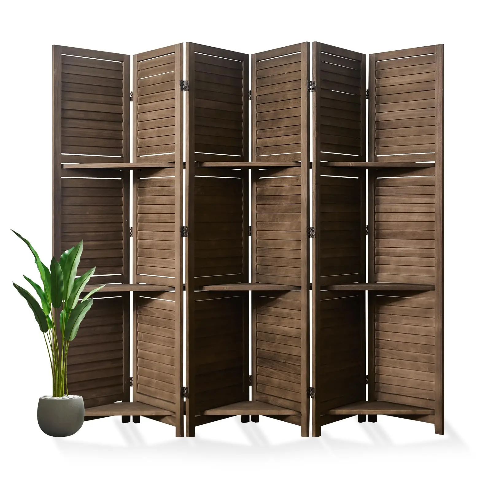 Room Divider with Shelves, 5.6 Ft Tall Folding Wood Screen with Double Hinges for Home Office Bedroom Hotel Decoration