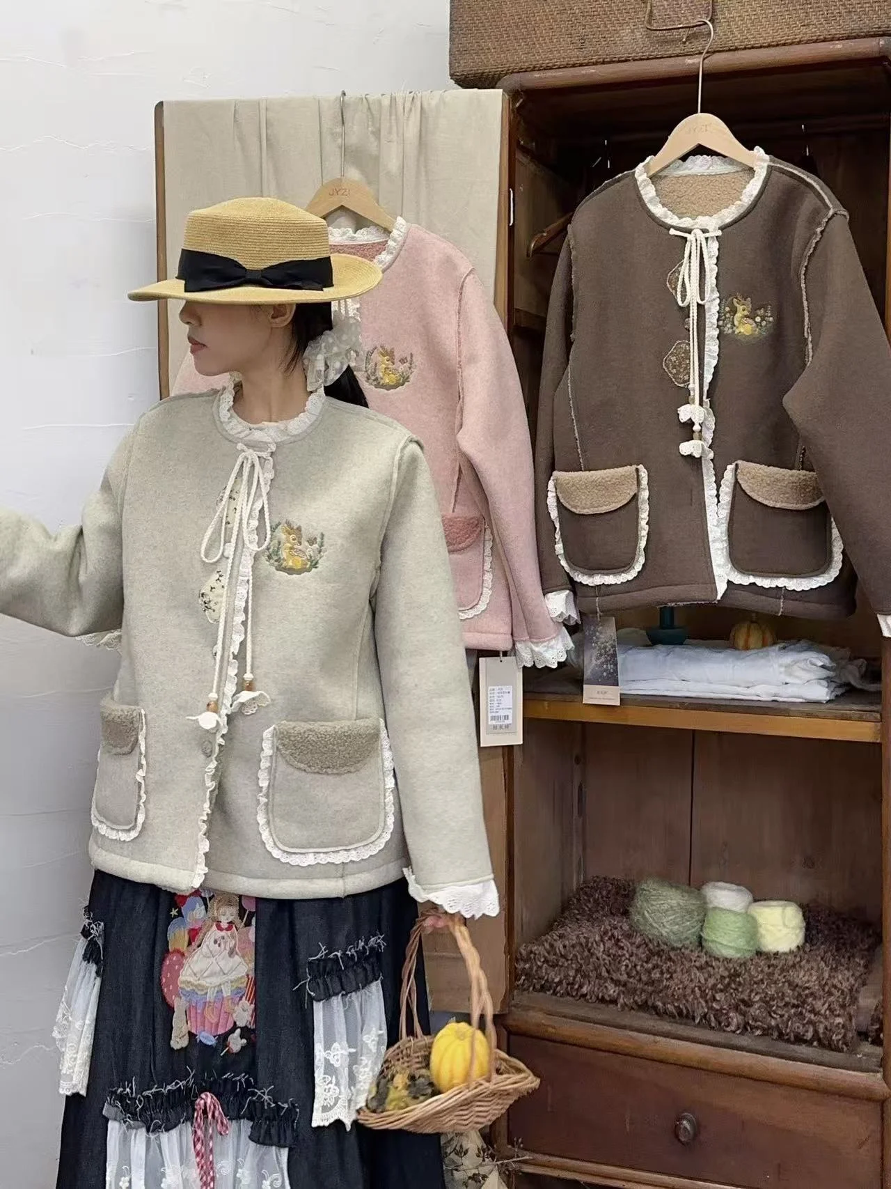 

Ретро-жакет в японском стиле с подкладкой, на пуговицах, с круглым вырезом, из хлопка, с кружевной отделкой на манжетах, женская милая верхняя одежда