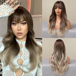 LOUIS FERRE Long Ombre Blond Synthetic Wigs with Bangs for Women Natural Wave Hairstyle Heat Resistant Fiber Cosplay Brown Wigs