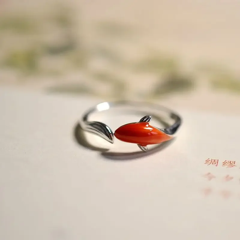 Silver inlaid cloisonne red koi shape opening adjustable ring classical art exquisite luxury ladies jewelry