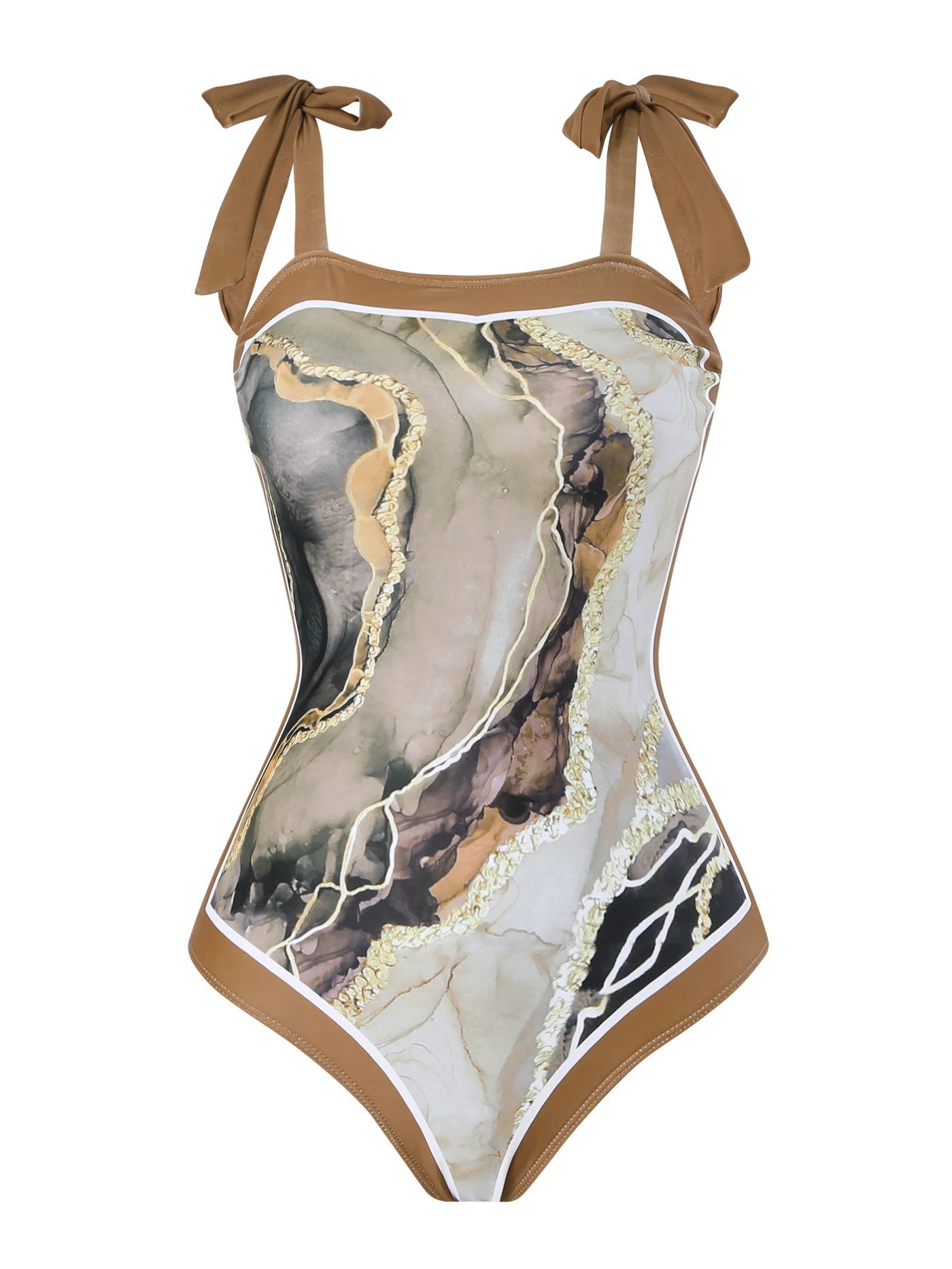 Women's One-Piece Swimsuit, Brown Marble-Patterned Two-Piece Swimsuit, Beach Vacation Mesh Skirt, Half-Skirt Apron, Outer Skirt