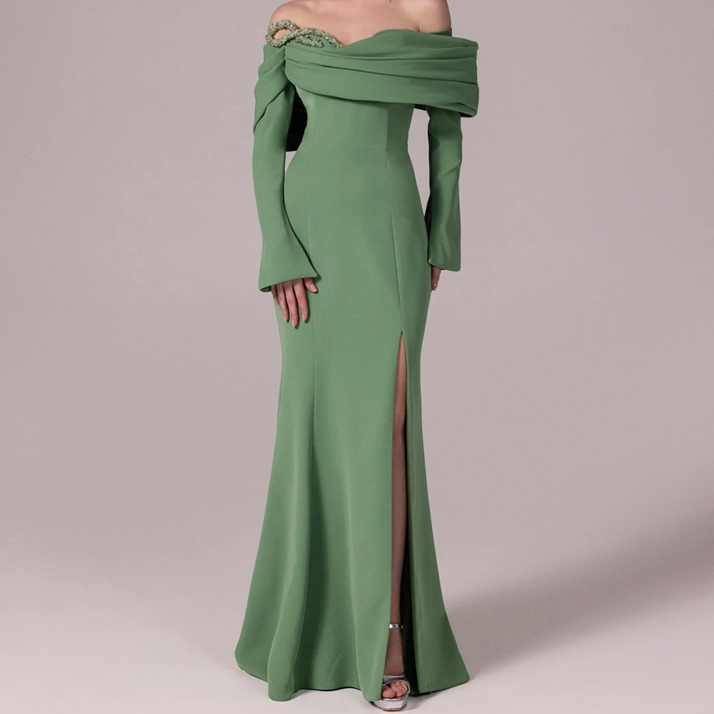 فساتين سهرة حورية البحر مخصصة بطول الأرض قبالة الكتف كم كامل فستان حفلات موضة مطرزة الطية ثنيات