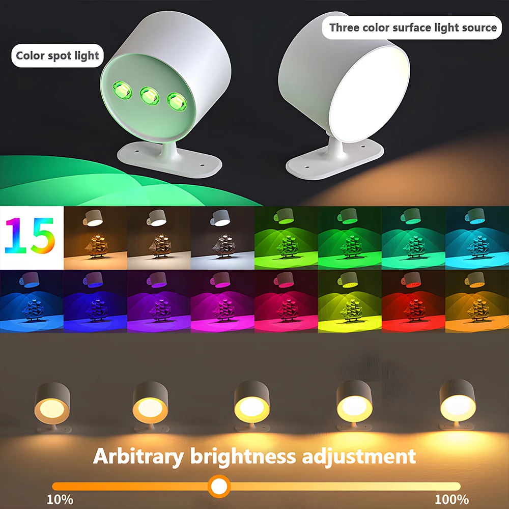 Led Wandlamp Bediening Afstandsbediening 15 Kleuren Rgb Ambient Dimmen Usb Opladen Draadloze Draagbare Nachtlampje Voor Slaapkamer Leeslamp