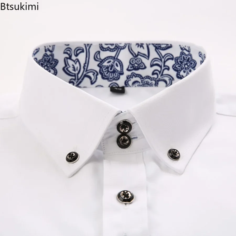 New2024 Men's Long Sleeve Dress Shirts Blue and White Porcelain Slim Formal Office Business Shirts Male All Match Shirts for Men