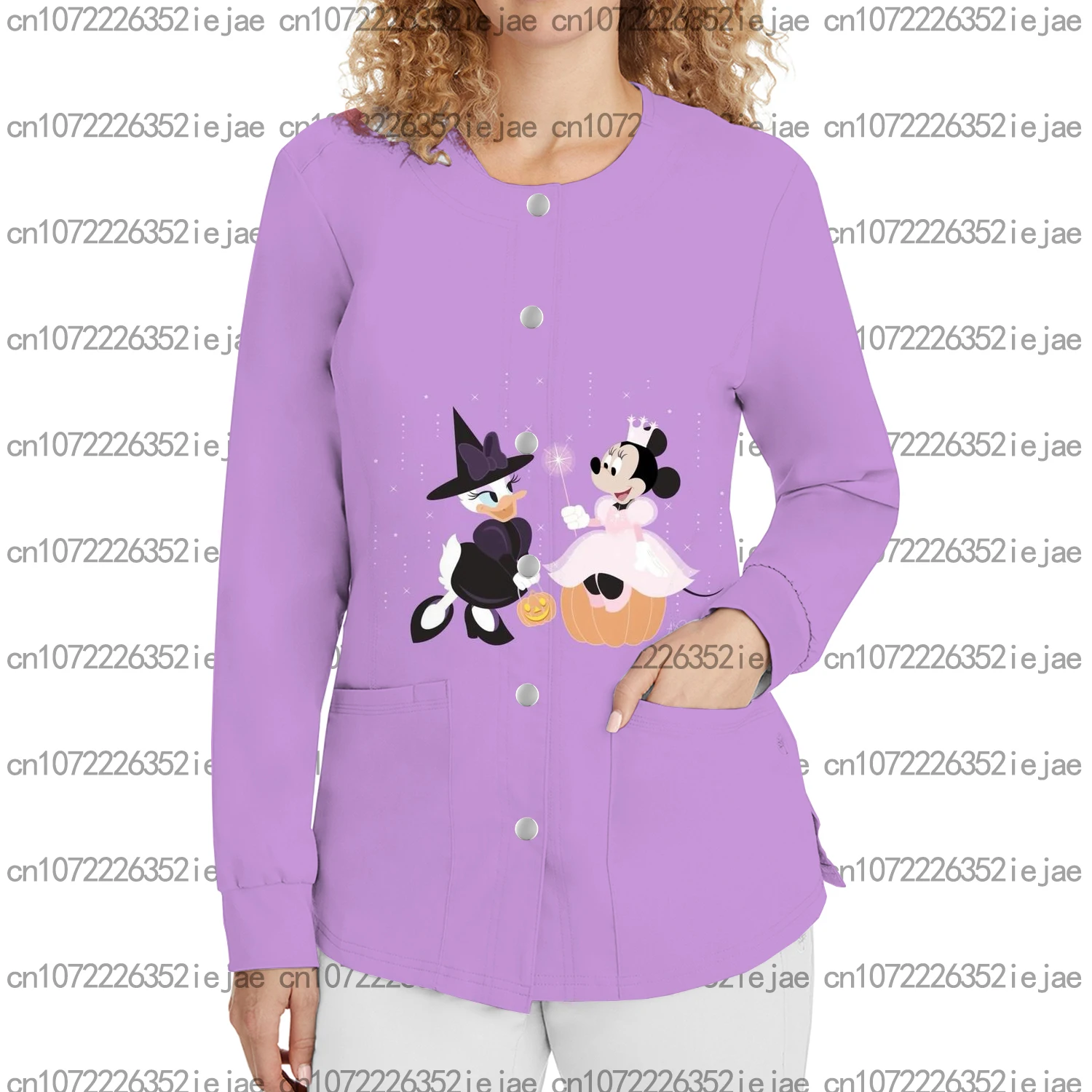 زي عمل نسائي من ديزني للهالوين ميكي مطبوع برقبة دائرية وزر فرك علوي لمتجر الحيوانات الأليفة وصالونات التجميل