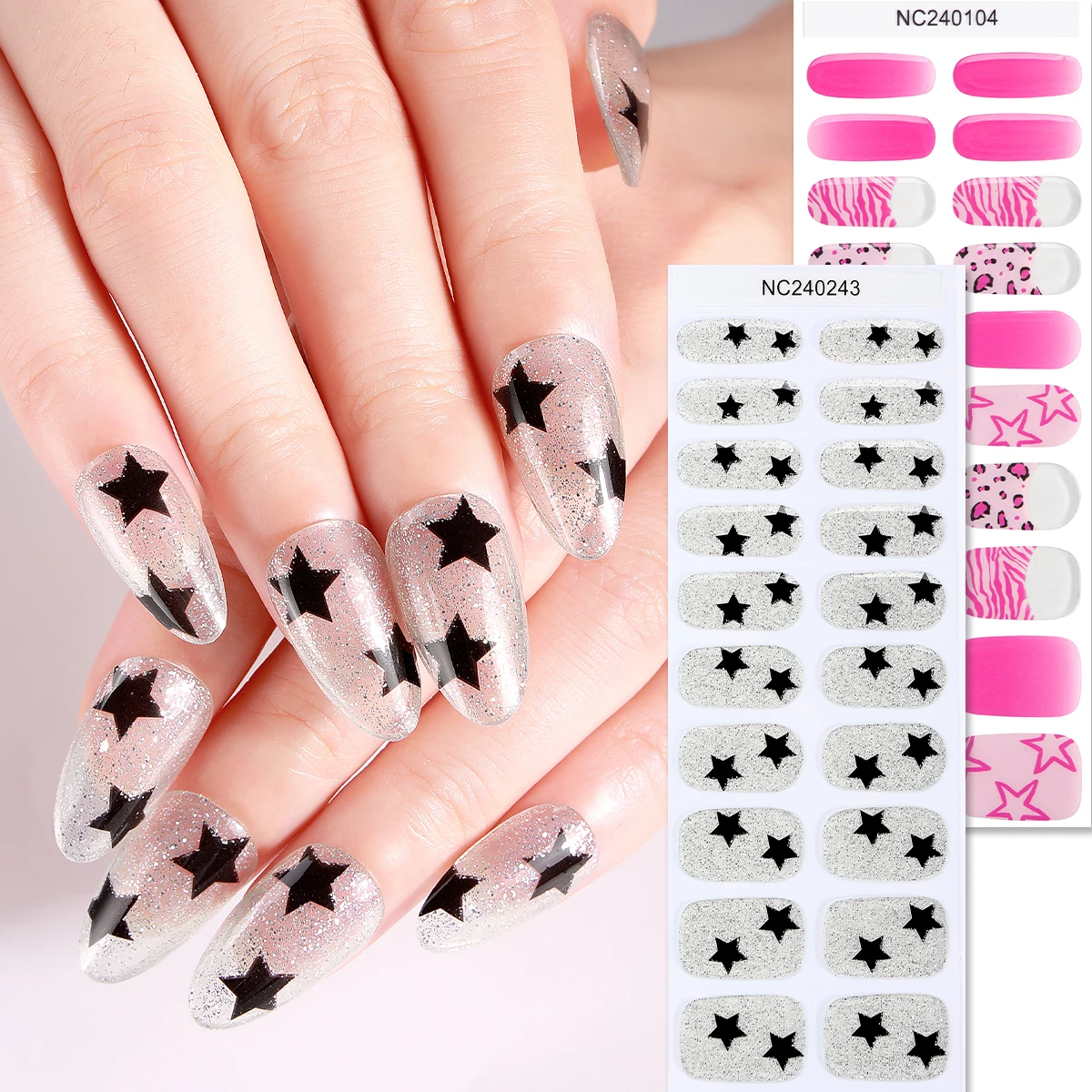 2szt Sliver Pink Semi Cured Nail Gel Strips Y2K Star Designs Adhesive Nail Stickers Press on Nails for Women Girls Decorations