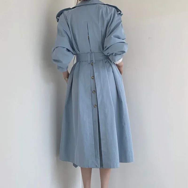 

Korean Women Mid-Length Windbreaker With Belt Back Split Button Design Blue Beige Casual Double-breasted Long Sleeve Trench Coat