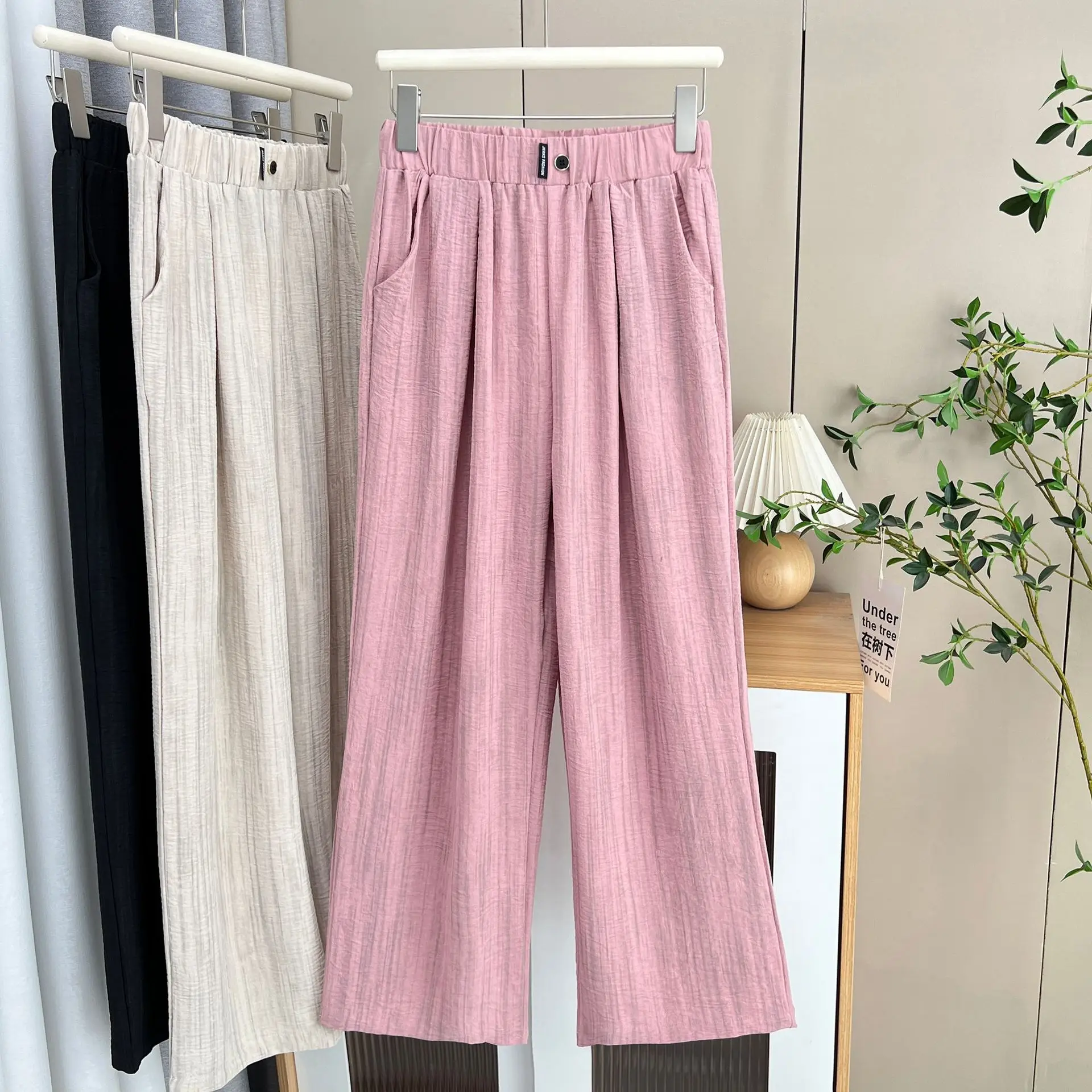 100 كجم حجم كبير الصيف جديد رقيقة مستقيم بنطلون عادية الحرير الجليد واسعة الساق السراويل الطويلة للنساء 8583