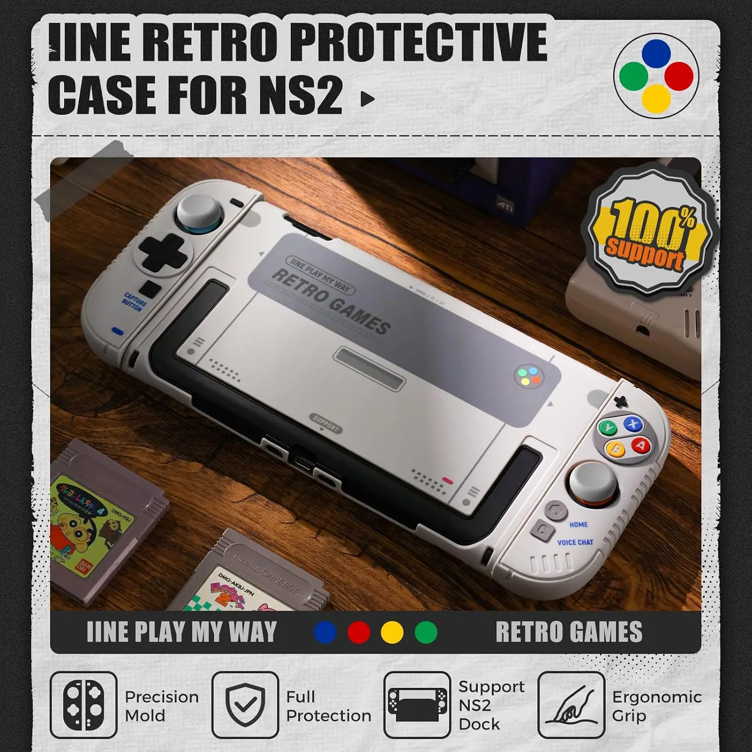 IINE Retro SFC Themed Full Body Handheld Sleeve Soft Silicone Anti-Slip Controller Shell for Nintendo Switch 2 Gaming Console - view 4