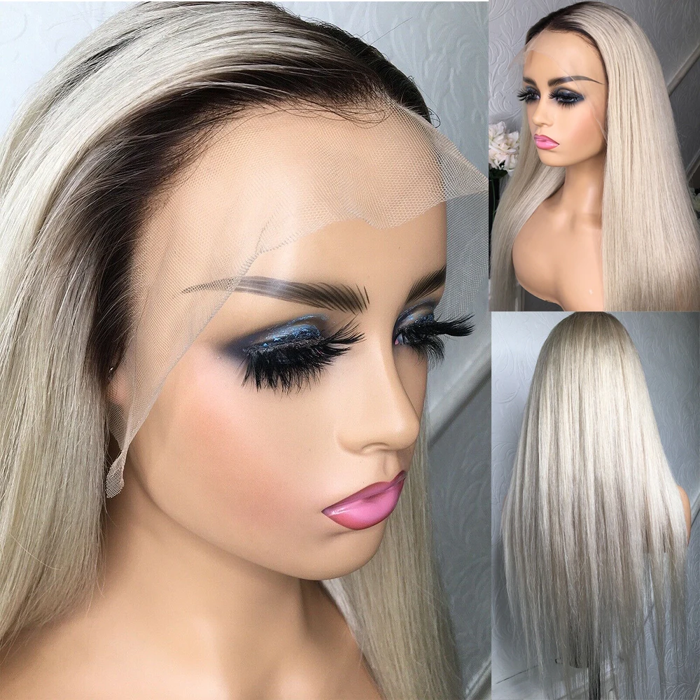 

Long straight Platinum Ash Blonde Lace front Human Hair Wigs Pre Plucked ombre 13x6 360 Lace Frontal wig Dark roots brazilian la