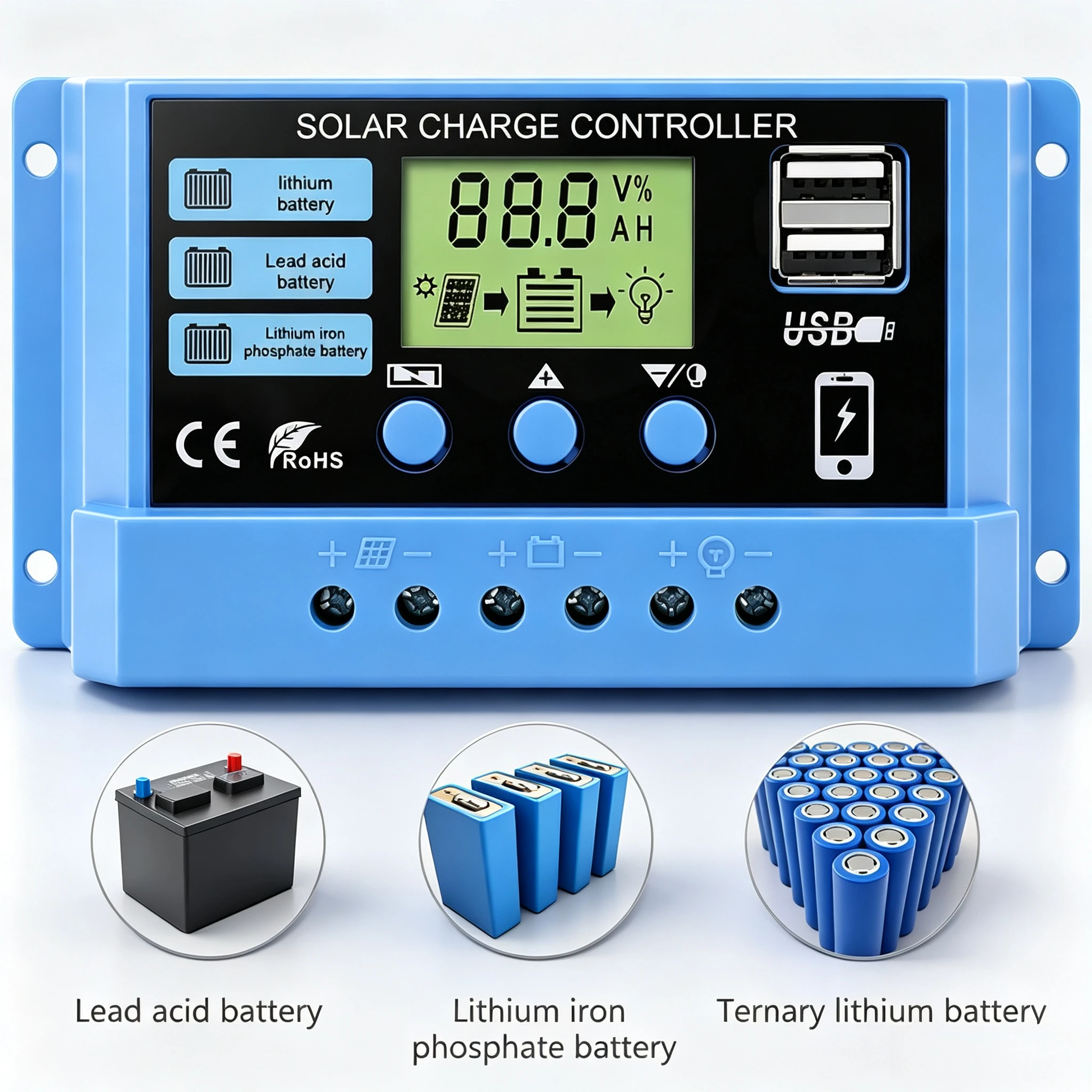 Blauer Solarpanel-Controller 12V/24V 100A 30A 20A 10A Solarregler PWM Batterieladegerät LCD-Display Dual USB 5V Ausgang