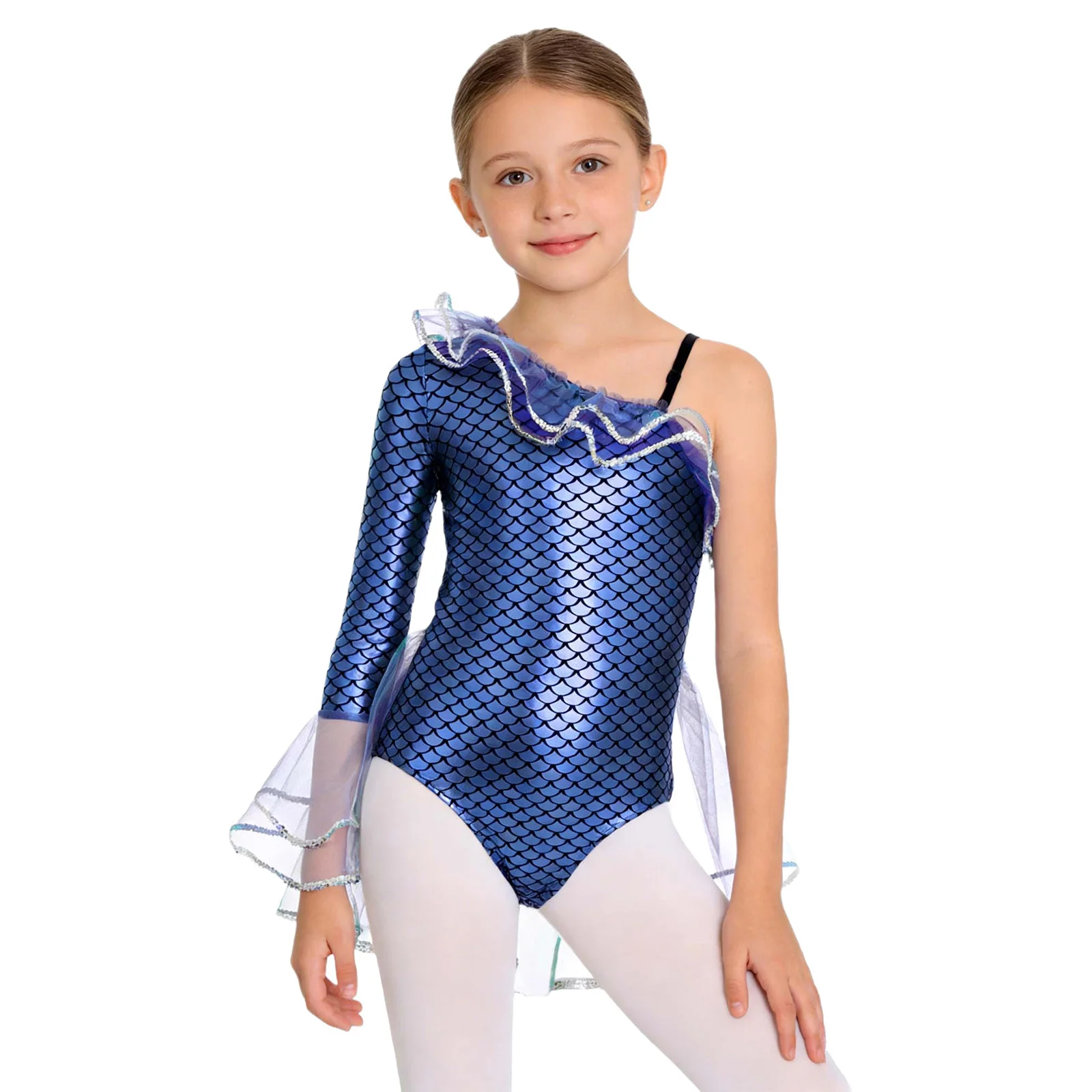 Kids Girls Gymnastics Ballet Dance Leotard Halloween Carnival Mermaid Cosplay Costume Shiny Fish Scale Print Mesh Tutu Bodysuit