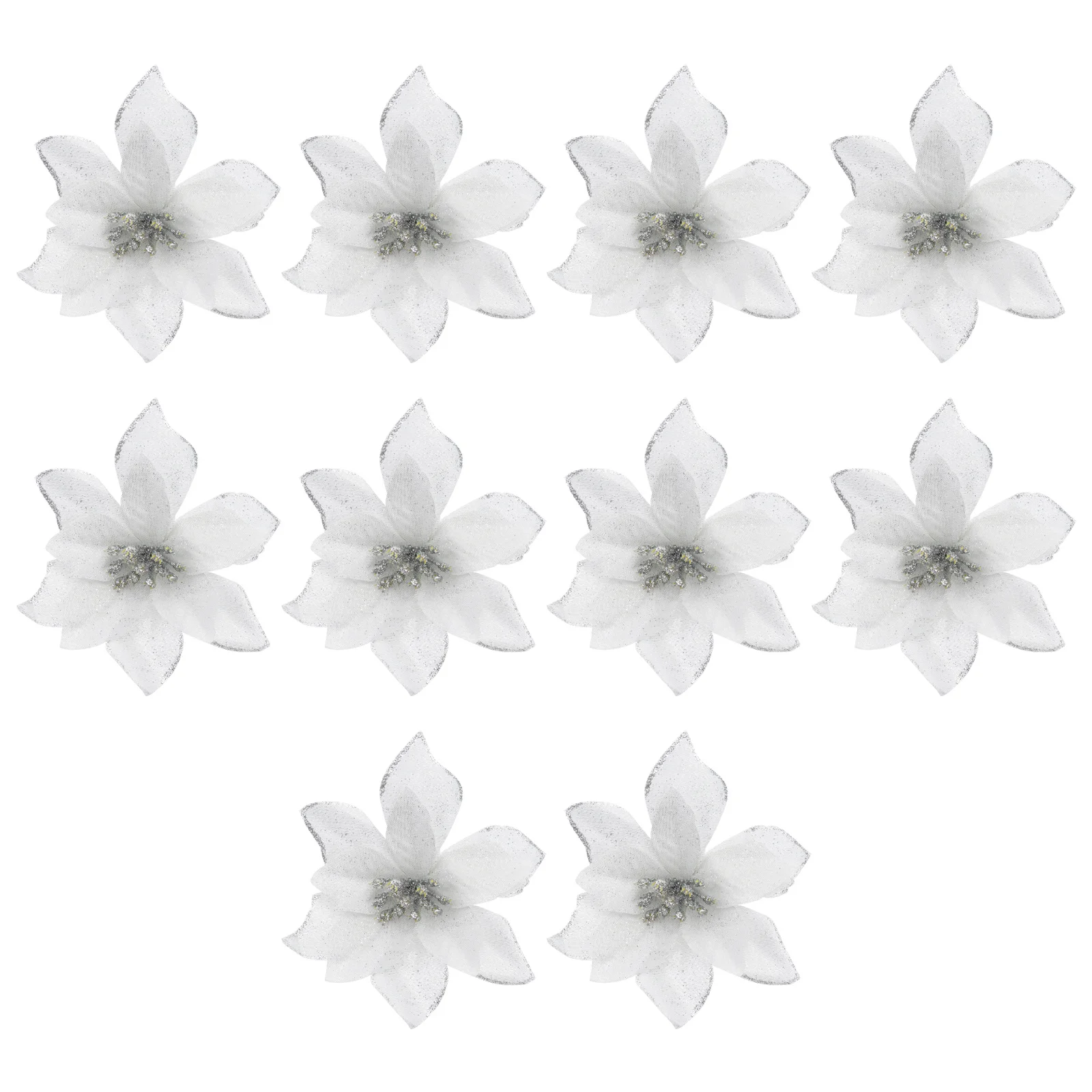 

10Pcs Glitter Artificial Christmas Flowers Silver 13Cm Xmas Tree Wreath Decor for Hotel Restaurant Office Wedding Decorations