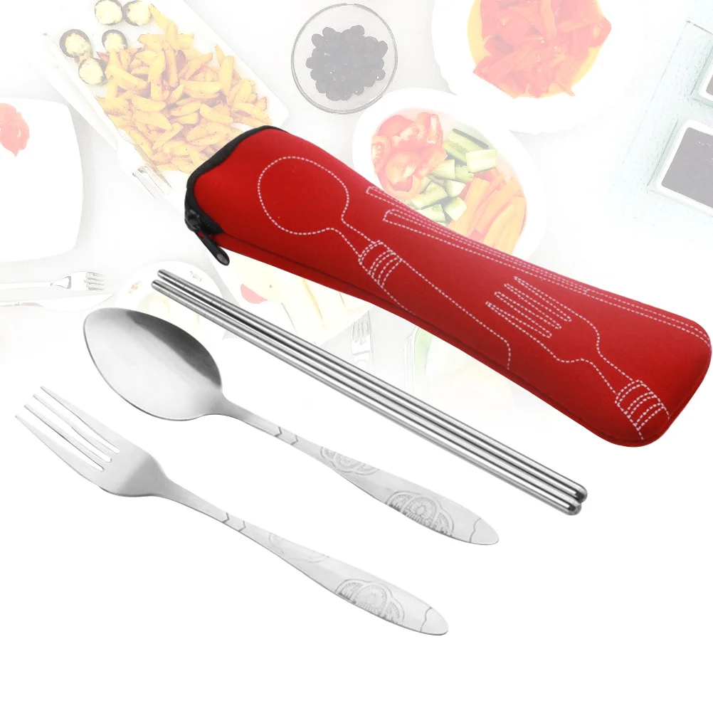 

4Pcs Stainless Steel Dinnerware Set Premium Portable Fork Spoon Chopstick Storage Bag Suitable for Travel Work Outdoor