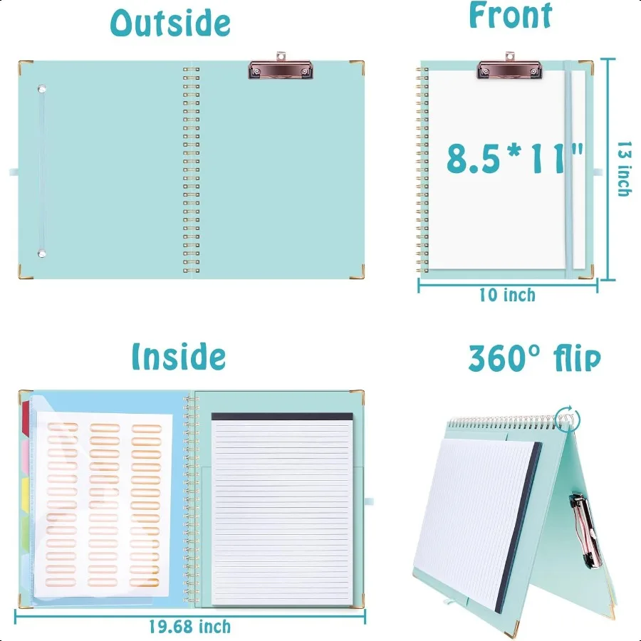 حافظة فوليو مع مفكرة قابلة لإعادة الملء لحجم الرسالة 11 × 8.5 5 فواصل مع 10 جيوب حامل أقلام مرن ومجلد ملفات