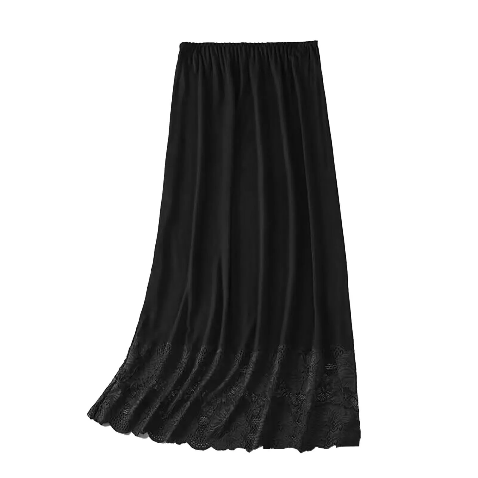 Womens Anti-static 72cm Underskirt Half Slip Elastic Waist Lace Trim A-Line Petticoat Solid Color Underskirt for Dress Accessory