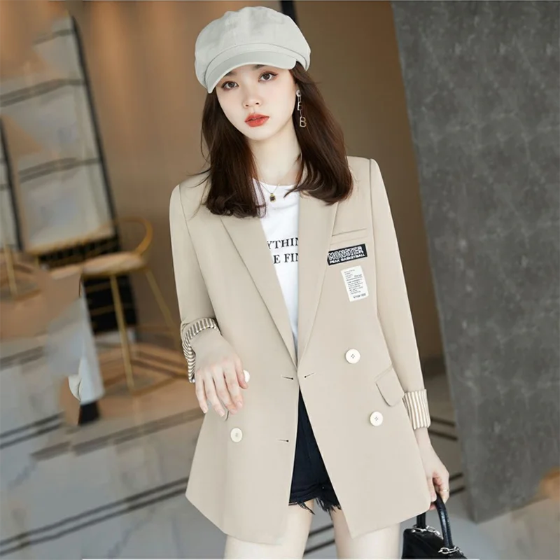 Jaket Blazer Kantor Wanita Musim Semi Musim Gugur 2023 Blazer Santai Pakaian Luar Blazer Profesional Kancing Dua Baris Ramping Mode Atasan Wanita