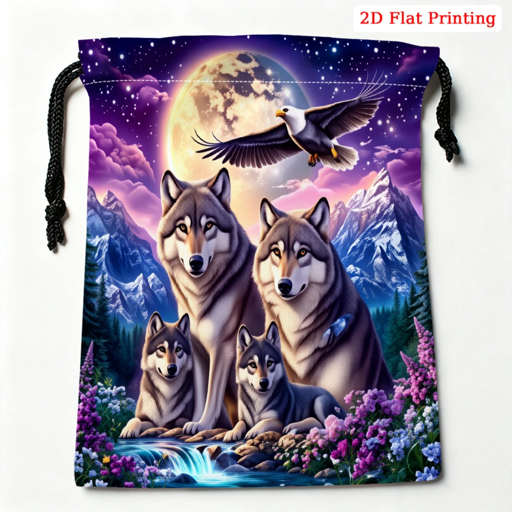 1pc Fashion Drawstring Bag Purple Wolf Moon Eagle Print Storage Small Pouch Travel Gym Sport Organizer For Women Men Lightweight