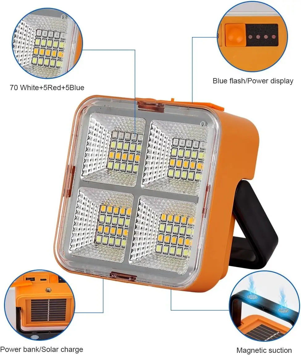 Portátil recarregável LED Work Light, Solar Magnetic Flood Light, Sos Power Bank Function, para Camping Job Site Iluminação, Emergência